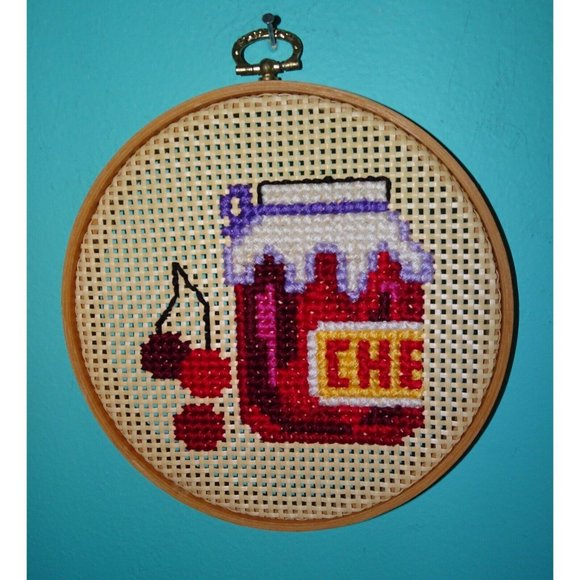 Vintage Needlepoint Hoop Art Cherries on Woven Rattan wood frame farmhouse decor - Picture 3 of 11